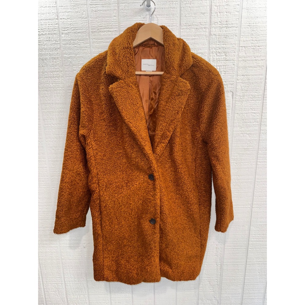 Daily Ritual Teddy Coat Women Rust Orange Sherpa Faux Fur XS